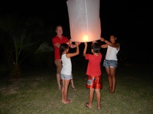 Releasing a lantern with four wishes at Baan Thittawan.  